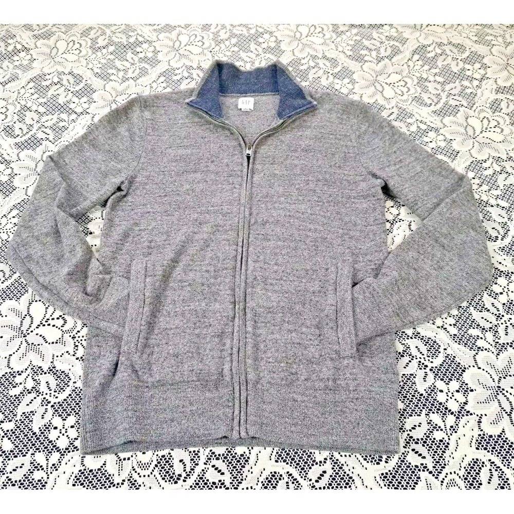 GAP‎ Sweater Men's Small Gray Full Zip Cardigan Pockets Preppy Unisex Grandpa